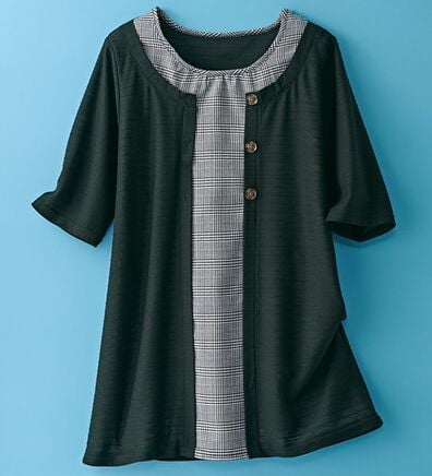 BELLUNA（ベルーナ）の「ひんやり冷感！タックジャカード素材重ね着風プルオーバー（カットソー）」