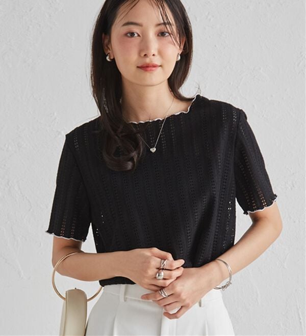 RANAN（ラナン）の「透かし柄メロー配色Ｔシャツ（カットソー）」｜詳細画像