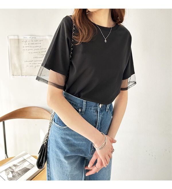 GeeRA（ジーラ）の「綿１００％袖シアー切替シルケットＴシャツ（Tシャツ）」｜詳細画像