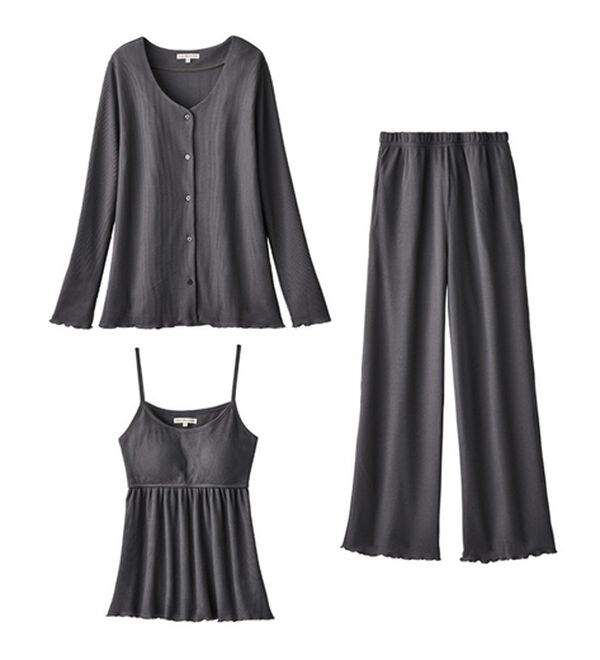 YU'NOW（ユナウ）の「【３点セット】カップ付ワッフルキャミソールルームウェアセット（パジャマ・ルームウェア）」｜詳細画像