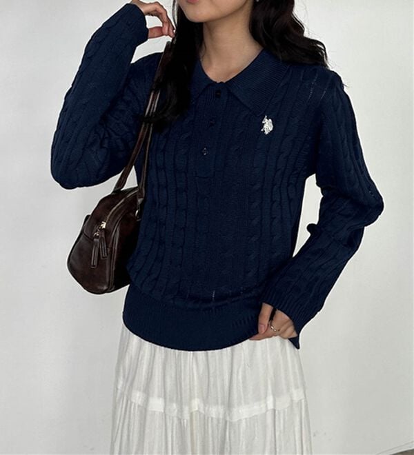 RANAN（ラナン）の「＜Ｕ．Ｓ．Ｐ＞刺繍長袖ケーブルポロニット（ニット・セーター）」｜詳細画像