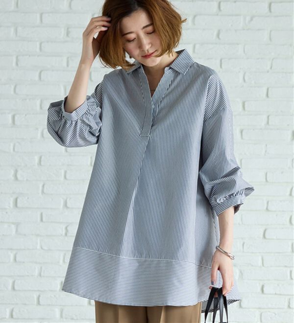 BELLUNA（ベルーナ）の「麻調素材袖タックデザインシャツチュニック（チュニック）」｜ストライプ