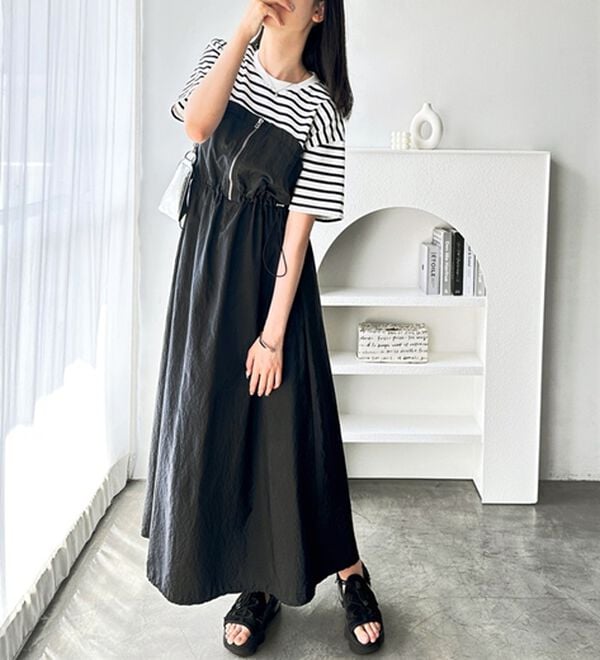 GeeRA（ジーラ）の「ハーフジップビスチェドッキングワンピース（その他ワンピース）」｜ボーダー&times;ブラック