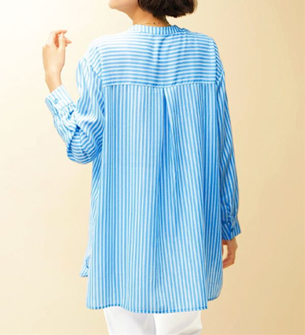 BELLUNA（ベルーナ）の「お手入れ簡単！ストライプ切替シャツチュニック（チュニック）」｜詳細画像