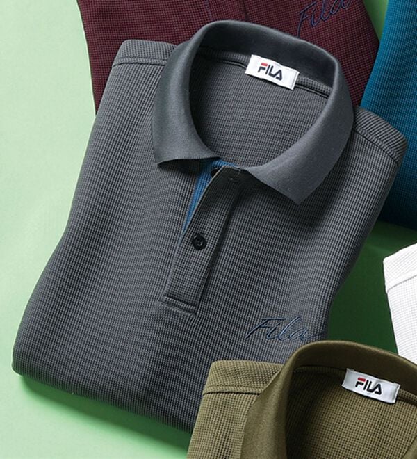 「＜フィラ＞裏起毛ワッフルポロシャツ（メンズポロシャツ）」｜チャコール