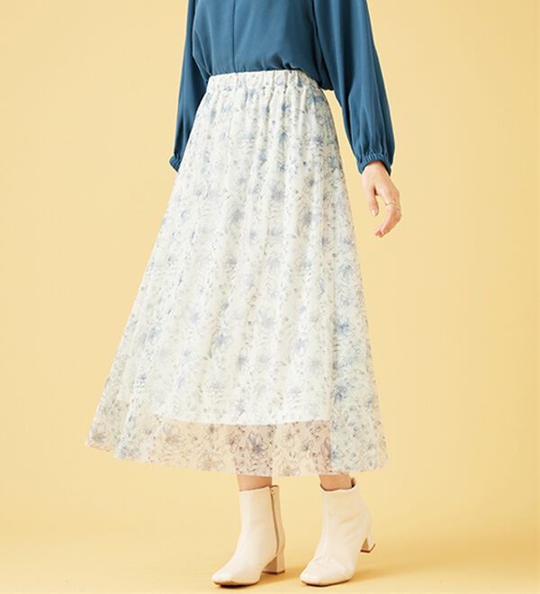 BELLUNA（ベルーナ）の「チュール素材上品プリントフレアースカート（ロングスカート）」｜詳細画像