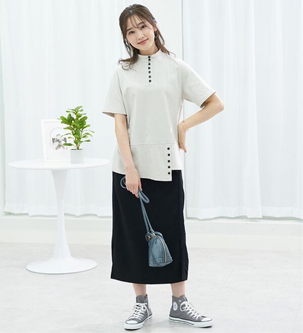 BELLUNA（ベルーナ）の「汗染み対策！綿１００％多ボタンハイネックＴシャツ（カットソー）」｜詳細画像