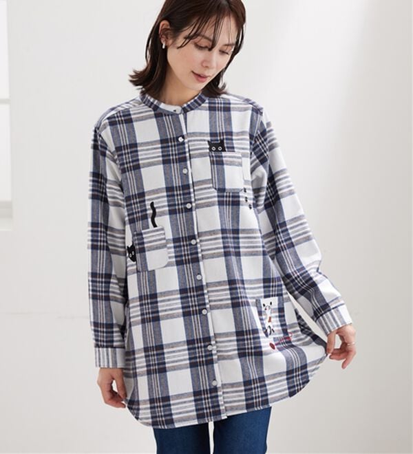 あったか】裏フリース素材ネコ刺しゅうシャツチュニック - ベルーナ