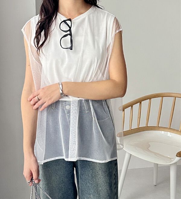 GeeRA（ジーラ）の「チュールカバーフレンチスリーブカットソー（カットソー）」｜詳細画像