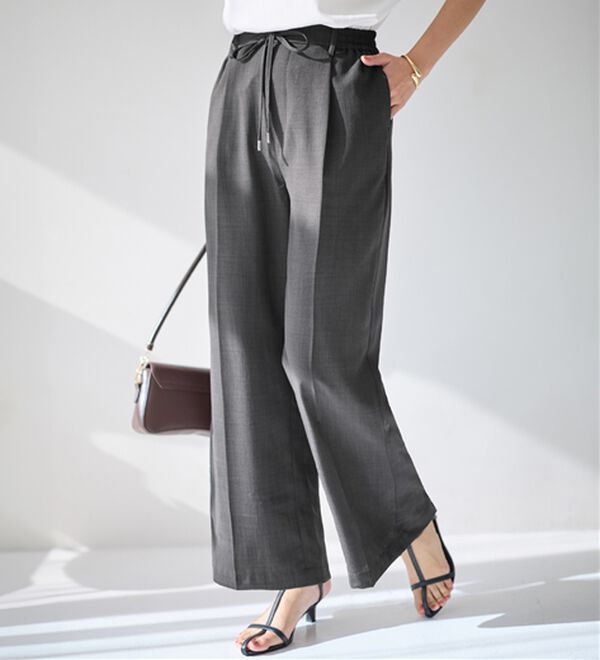 alotta（アロッタ）の「軽やかウエストリボンワイドパンツ（ワイドパンツ・ガウチョ）」｜チャコール