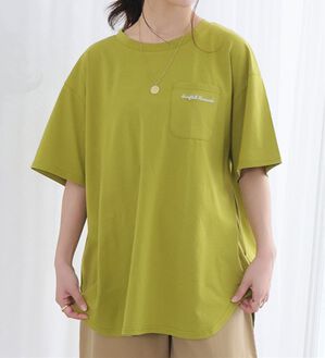 A HAPPY MARILYN（アハッピーマリリン）の「【Ｍ～８Ｌ】綿１００％！楽ちん裾ラウンドさらっと涼やかチュニック丈Ｔシャツ（Tシャツ）」｜ライム