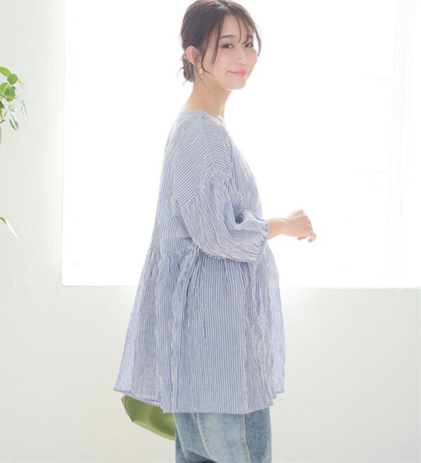 A HAPPY MARILYN（アハッピーマリリン）の「【Ｌ～６Ｌ】【風通るプレミアム】綿・楊柳、七分袖ウエストギャザーブラウス。（ブラウス）」｜詳細画像