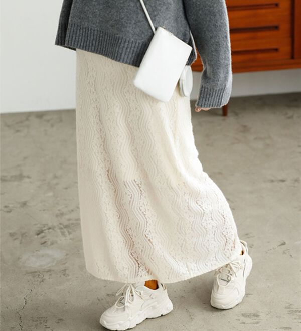 GeeRA（ジーラ）の「起毛レースタイトスカート（ロングスカート）」｜アイボリー