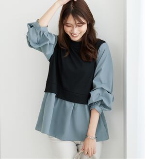BELLUNA（ベルーナ）の「異素材切替袖タックデザインチュニック（チュニック）」｜ブルーグレー