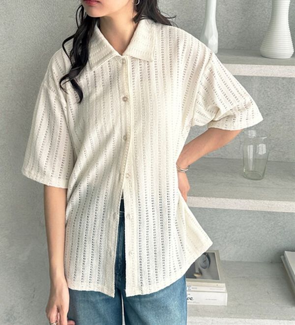 GeeRA（ジーラ）の「透かし編カットソーポロ衿シャツ（シャツ）」｜アイボリー