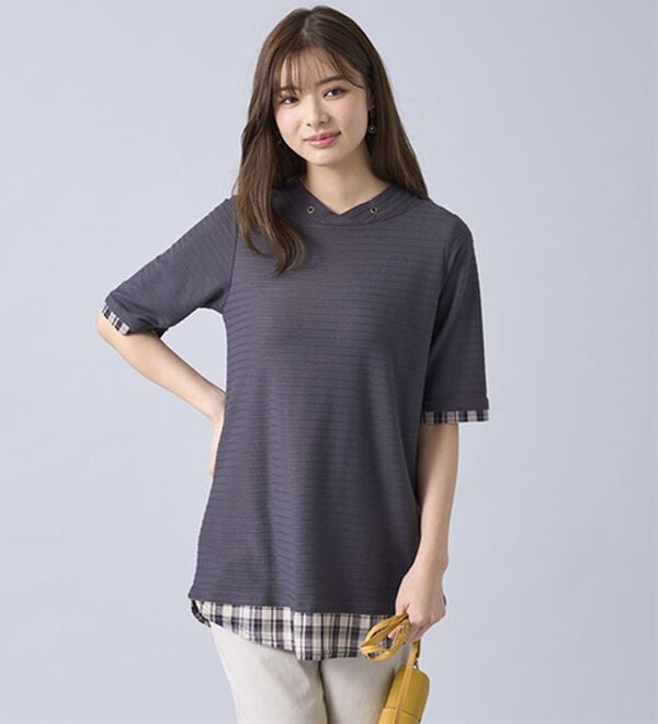 BELLUNA（ベルーナ）の「ひんやり冷感！タックジャカード素材重ね着風プルオーバー（カットソー）」｜詳細画像