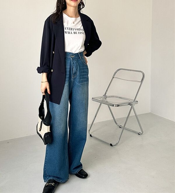 GeeRA（ジーラ）の「美脚見え！２ボタンウエストワイドデニムパンツ（フルレングスパンツ）」｜詳細画像