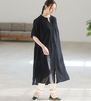 A HAPPY MARILYN（アハッピーマリリン）の「【Ｌ～６Ｌ】【風通るプレミアム】綿１００％ 楊柳 五分袖 ギャザーたっぷりワンピース（カットソーワンピース）」｜ブラック