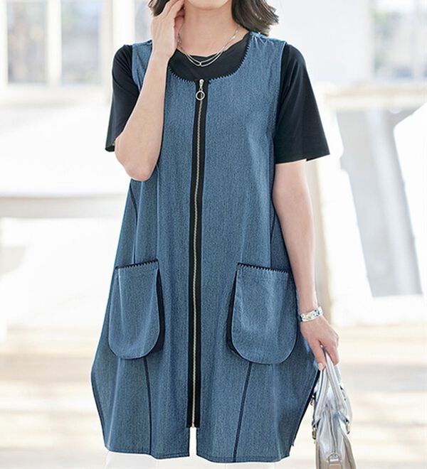 BELLUNA（ベルーナ）の「デニム素材ステッチ使いジャンパードレス（チュニック）」｜詳細画像