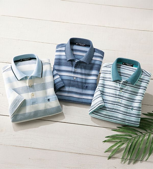 「【３枚組】＜コムルヴァン・オム＞爽やか夏色マルチボーダーポロ（メンズポロシャツ）」｜3枚組