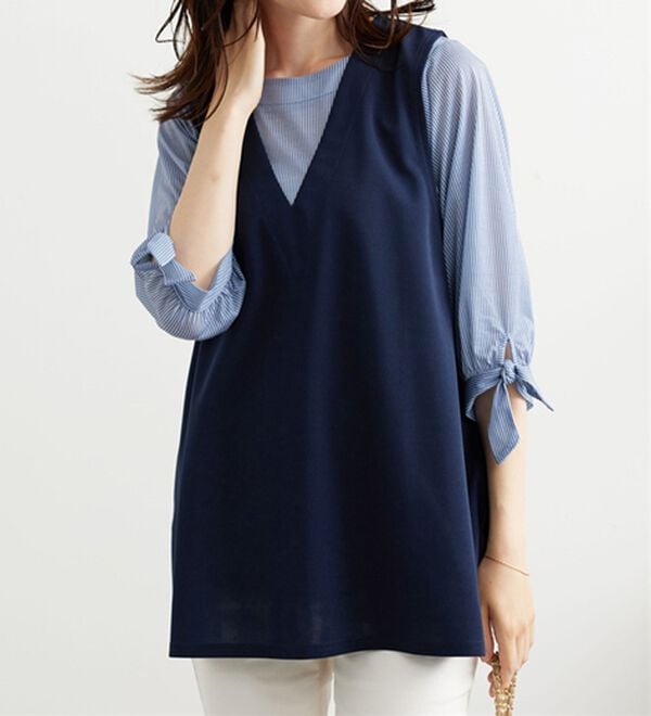 BELLUNA（ベルーナ）の「【2点セット】ストライプシャツ&times;ベストアンサンブル（アンサンブル）」｜詳細画像