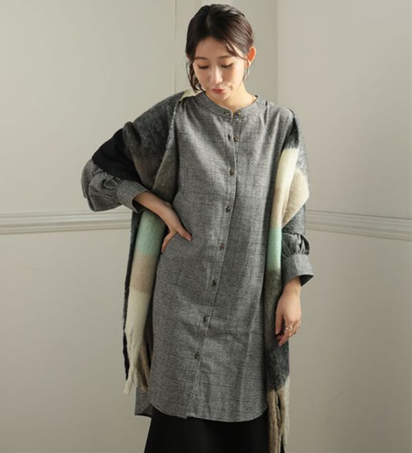 A HAPPY MARILYN（アハッピーマリリン）の「【ＬＬ～８Ｌ】フランネル チェック バンドカラー 裾ラウンド チュニック（チュニックワンピース）」｜詳細画像