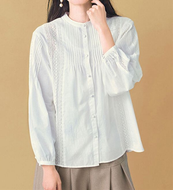VINNO（ヴィノ）の「綿１００％ピンタック使いレースブラウス（ブラウス）」｜詳細画像
