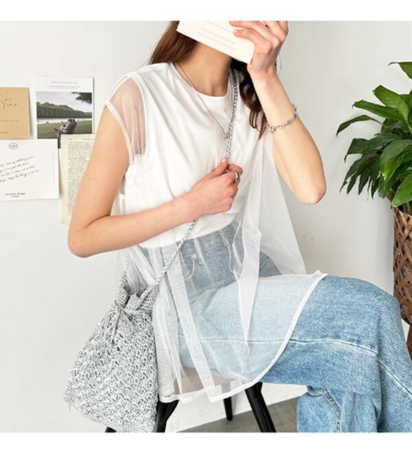 GeeRA（ジーラ）の「チュールカバーフレンチスリーブカットソー（カットソー）」｜詳細画像