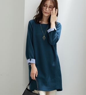 BELLUNA（ベルーナ）の「後ろボタンボーダージャカードワンピース（その他ワンピース）」｜ターコイズ