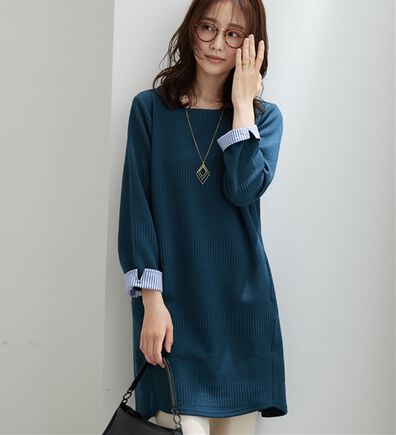 BELLUNA（ベルーナ）の「後ろボタンボーダージャカードワンピース（その他ワンピース）」