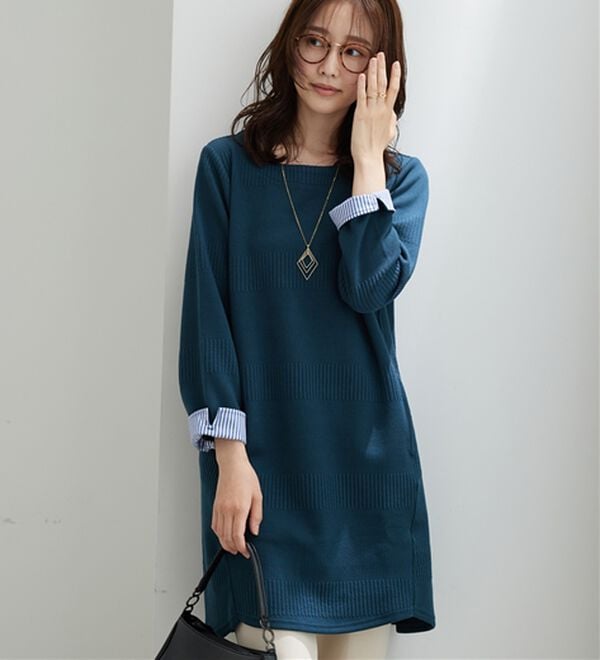 BELLUNA（ベルーナ）の「後ろボタンボーダージャカードワンピース（その他ワンピース）」｜ターコイズ