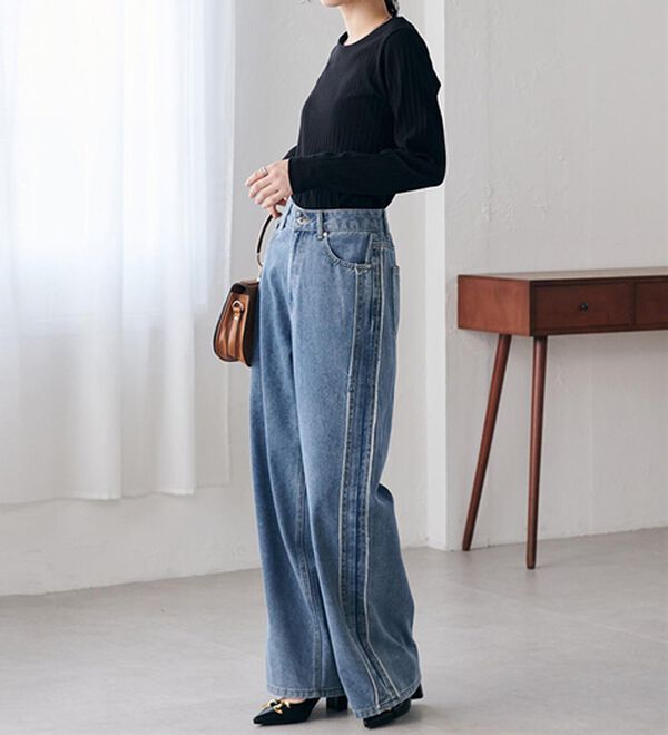 RANAN（ラナン）の「配色サイドフリンジワイドデニム（フルレングスパンツ）」｜詳細画像