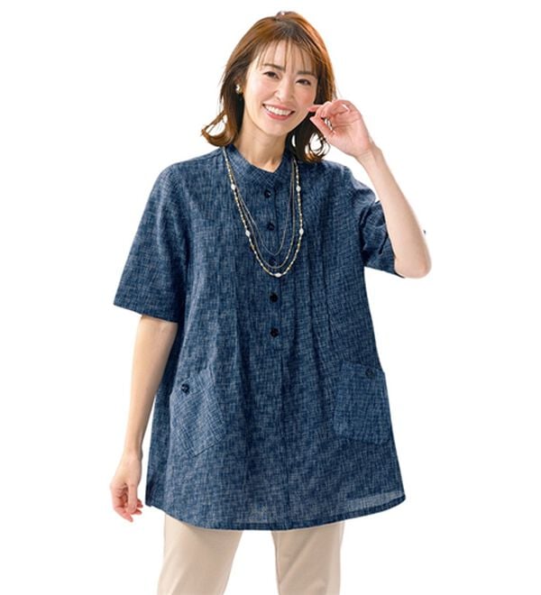 ルフラン（ルフラン）の「【２色組】かすり調半開チュニック＜浅葱～あさぎ～＞（チュニック）」｜詳細画像