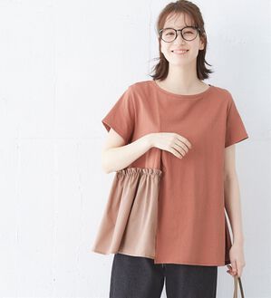 Viola e Viola（ヴィオラ エ ヴィオラ）の「アシメ異素材使いギャザーＴシャツ（カットソー）」｜テラコッタ