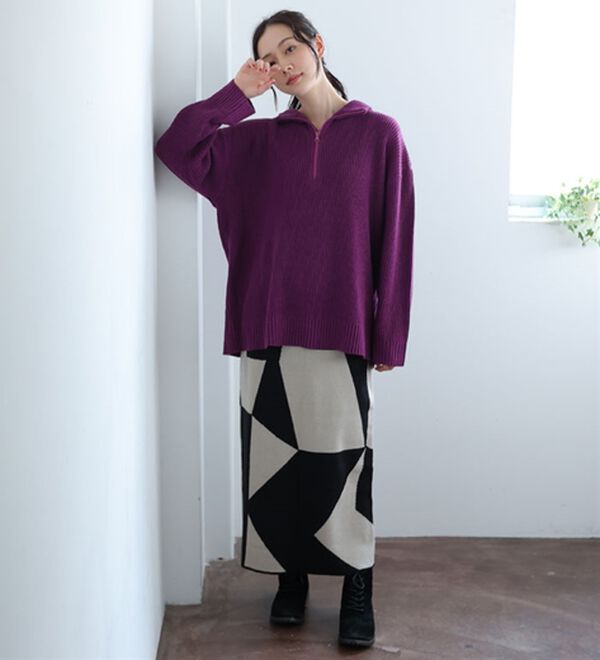 「【Ｌ～６Ｌ】配色＆同色ファスナーから選べる 畦編みハーフジップニット（ニット・セーター）」｜詳細画像