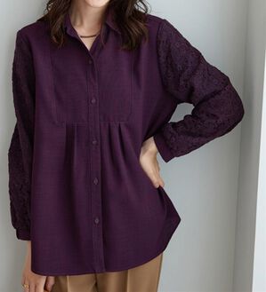 BELLUNA（ベルーナ）の「麻調素材袖レースブラウス（ブラウス）」｜パープル