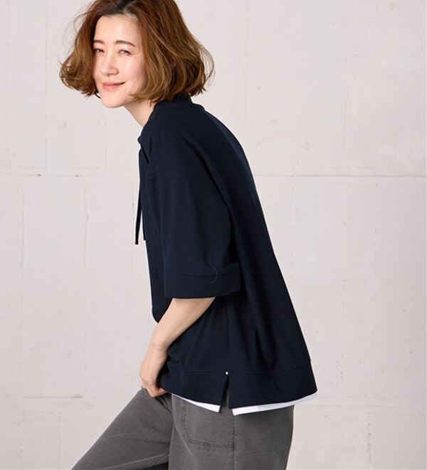 BELLUNA（ベルーナ）の「ワイドネックデザイン重ね着風プルオーバー（カットソー）」｜ネイビー