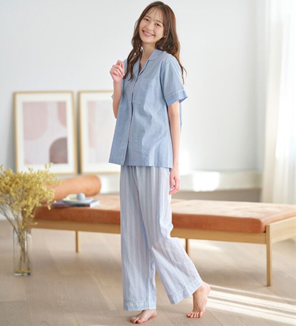 YU'NOW（ユナウ）の「【半袖＋ロングパンツ】綿１００％サッカーシャツパジャマ（パジャマ・ルームウェア）」｜詳細画像