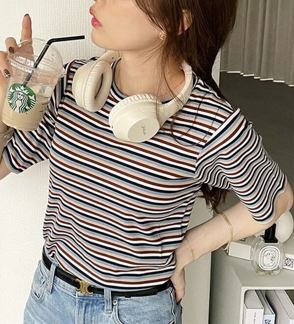 GeeRA（ジーラ）の「マルチボーダー５分袖リブカットソー（カットソー）」｜詳細画像