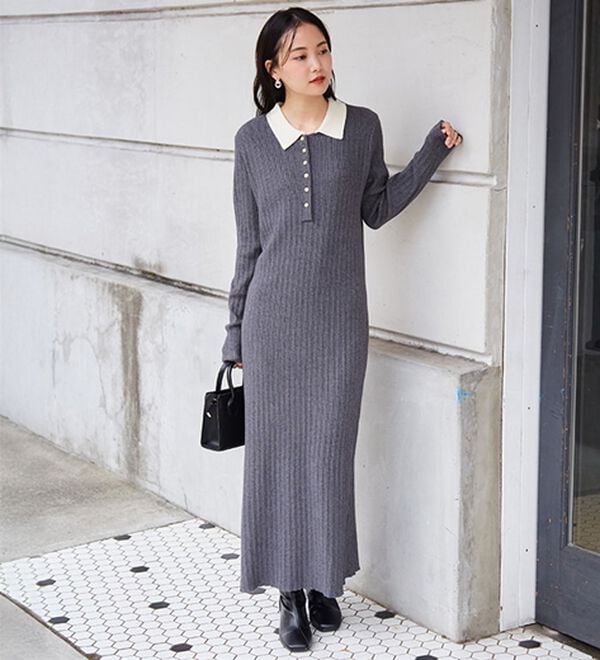 ポロカラーリブニットワンピース - ベルーナ【公式】