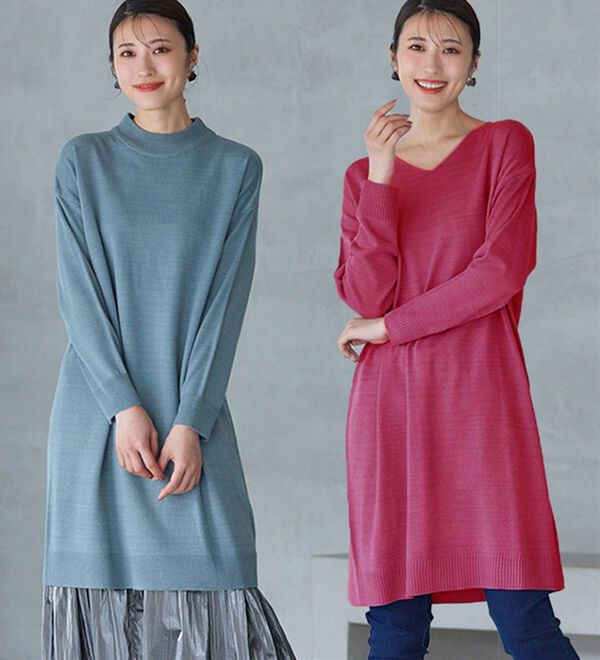 選べるネック】カシミヤタッチニットチュニックワンピース - ベルーナ 