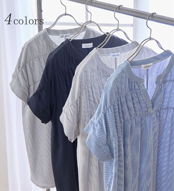 alotta（アロッタ）の「さらっと軽い綿混ストライプギャザーチュニック（チュニック）」｜詳細画像