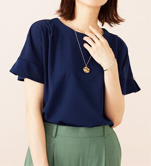 BELLUNA（ベルーナ）の「ジョーゼット素材袖パールブラウス（ブラウス）」｜ネイビー