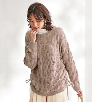 BELLUNA（ベルーナ）の「透かし編ドロスト使いニットプルオーバー（ニット・セーター）」｜ピンクベージュ