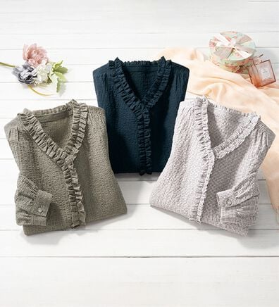 ルフラン（ルフラン）の「【３色組】タックフリルの大人ブラウス（ブラウス）」