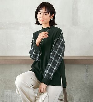 BELLUNA（ベルーナ）の「袖チェック切替デザインプルオーバー（カットソー）」｜黒系