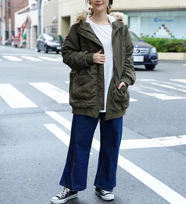 A HAPPY MARILYN（アハッピーマリリン）の「【Ｌ～６Ｌ】リブ使い　裏ボア　長袖　モッズコート（ロングコート）」｜詳細画像