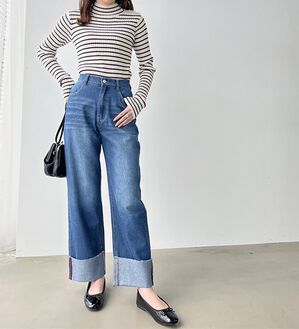 GeeRA（ジーラ）の「ワイドストレートロールアップデニムパンツ（フルレングスパンツ）」｜ブルー