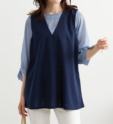 BELLUNA（ベルーナ）の「【2点セット】ストライプシャツ&times;ベストアンサンブル（アンサンブル）」