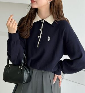 GeeRA（ジーラ）の「【Ｕ．Ｓ．ＰＯＬＯ　ＡＳＳＮ．】バイカラーポロ衿ニット（ニット・セーター）」｜ネイビー